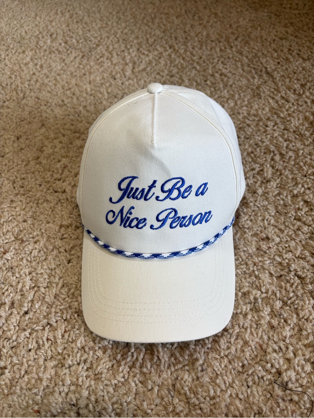 David and Young White Hat with Blue Embroidery - "Just Be a Nice Person"